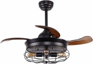 Ceiling Fan with Lights 34 Inch Black Rustic Ceiling Fan with Remote 3 Retractable Blades, 4 Lights Not Included
