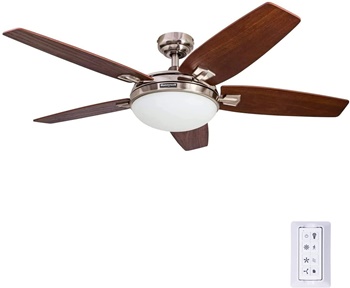 Honeywell Carmel 48-Inch Ceiling Fan with Integrated Light Kit and Remote Control, Five Reversible California Redwood Mendoza Rosewood Blades, Brushed Nickel