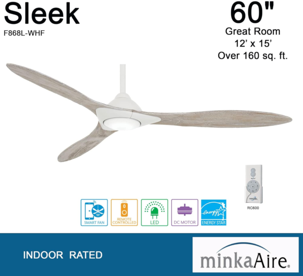 Minka Aire F868L-WHF Sleek 60" Ceiling Fan with LED Light and Remote Control, Flat White - Image 4
