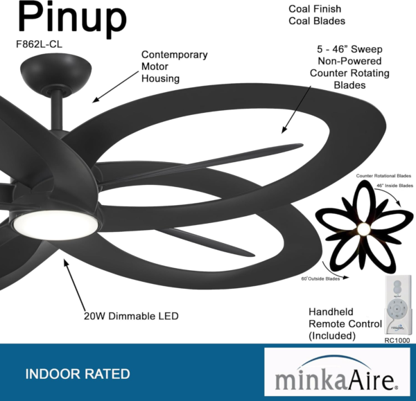 Minka Aire F862L-CL Pinup 60" Ceiling Fan with LED Light and Remote Control in Coal Finish - Image 3